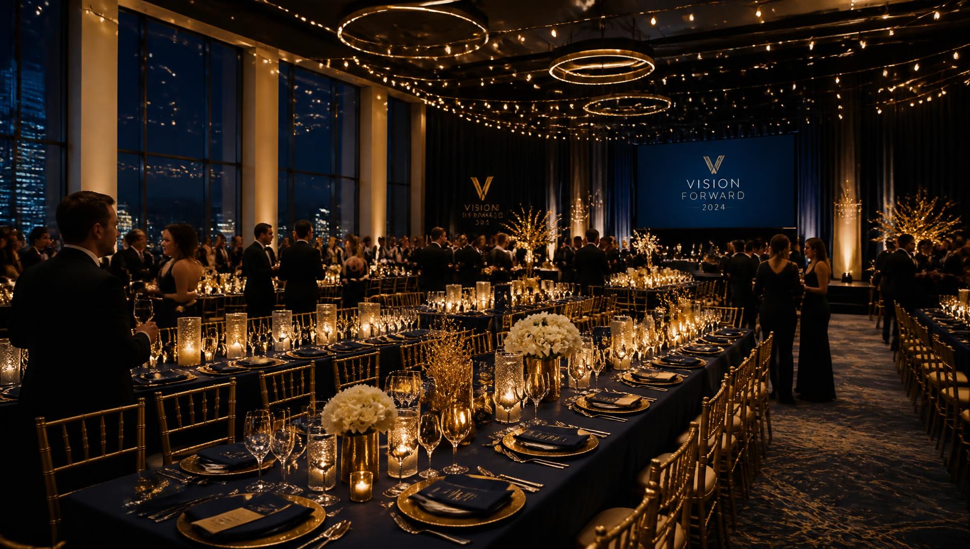 Corporate gala dinner in a modern ballroom with gold lighting